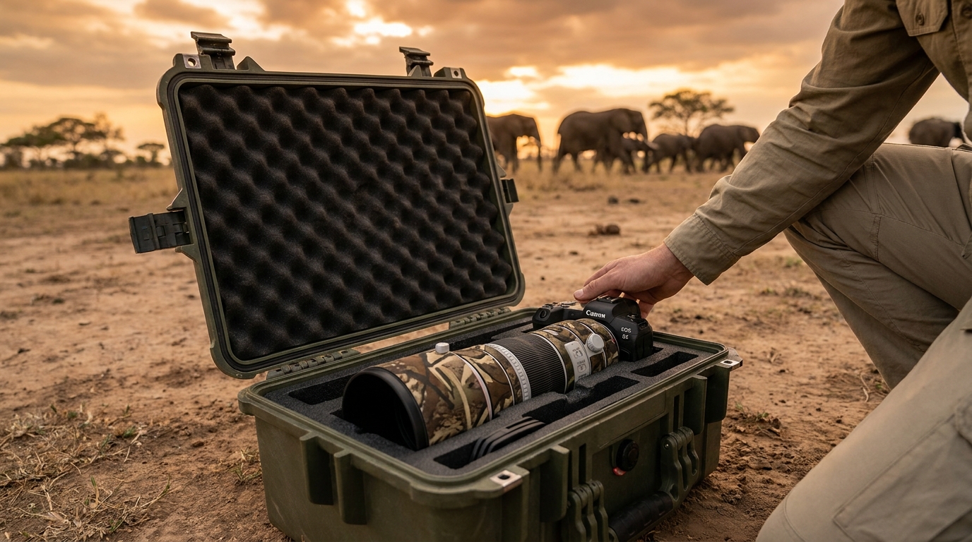 Canon R5 with 600mm lens in olive drab case for wildlife photography