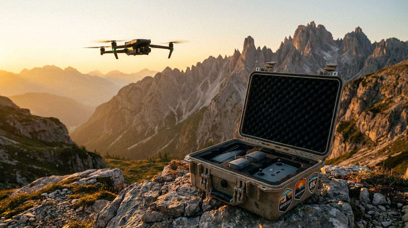 Drone case with foam insert in mountain landscape