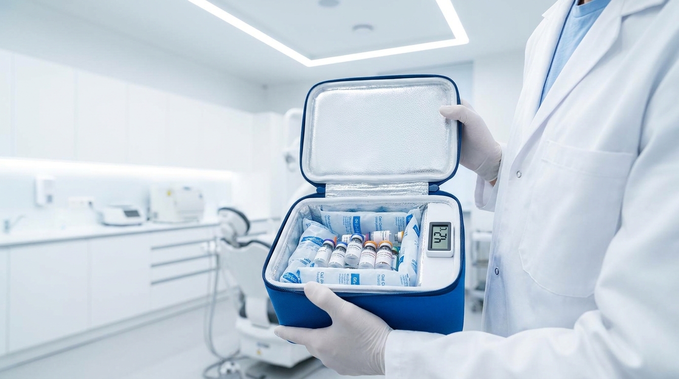 Medical professional with vaccine transport case in clinic