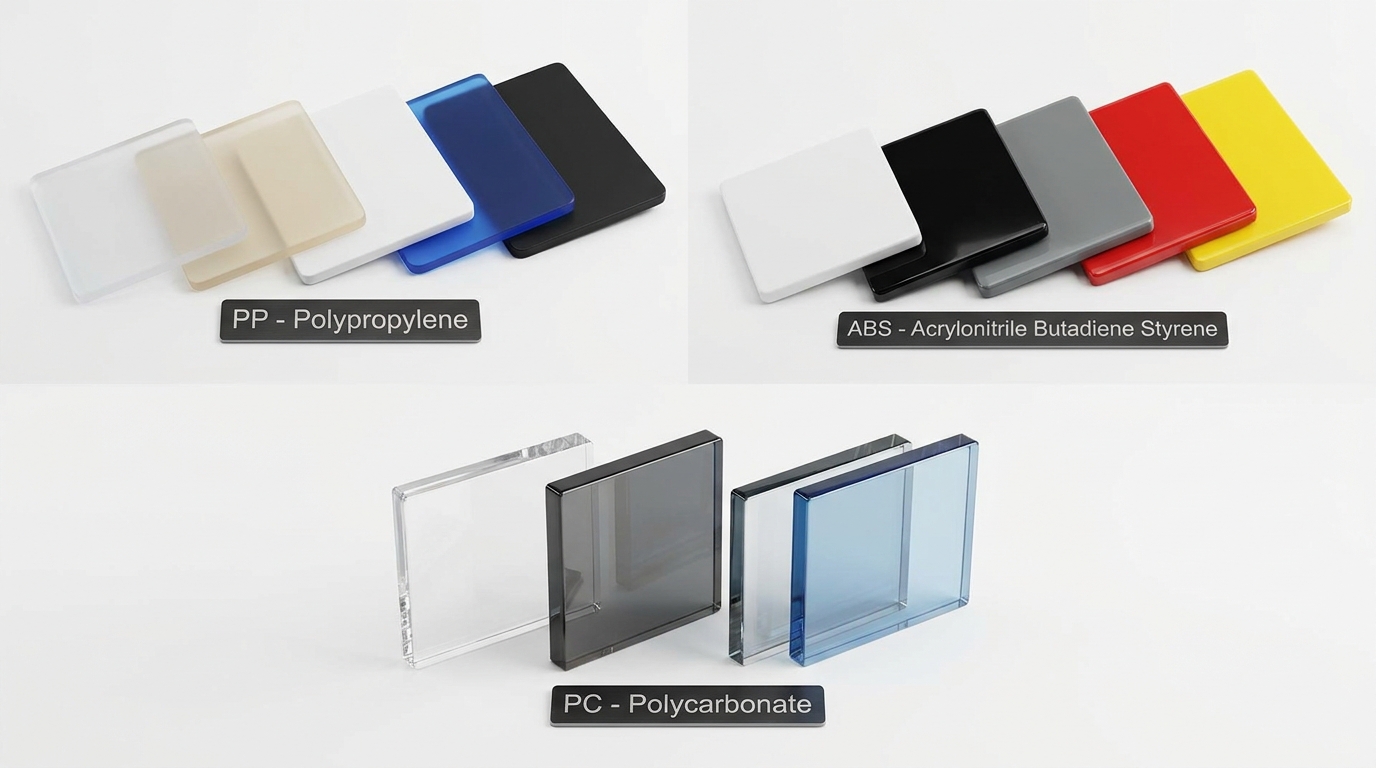 PP ABS PC plastic material samples comparison
