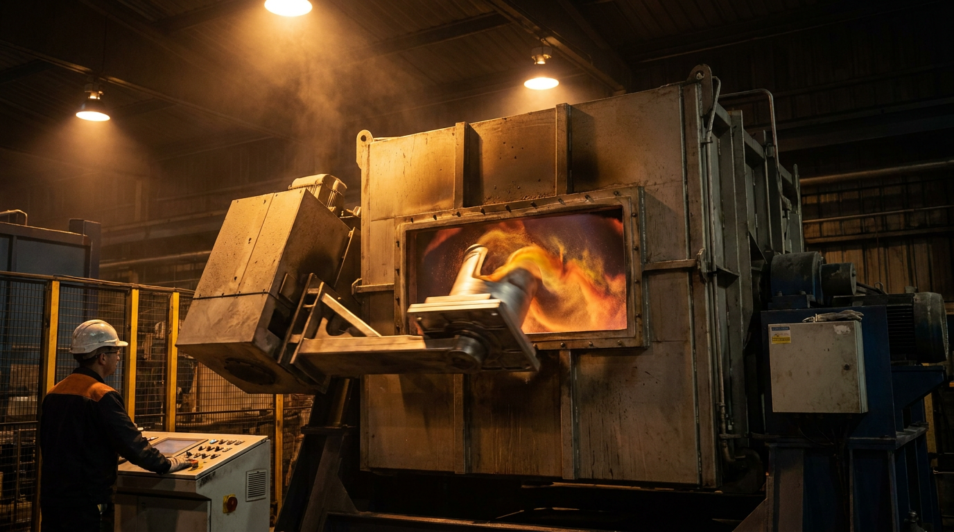 Rotational molding machine in operation